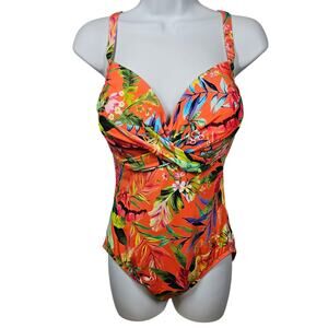 Lands' End Sculpting Suit Draped One Piece Swimsuit Tropical Orange Sz 14